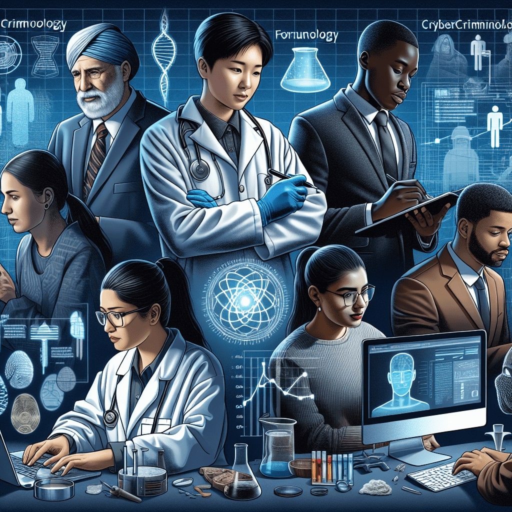 Illustration showing diverse career paths in criminology and forensic science